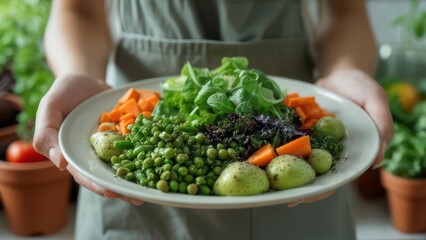 Hands holding a plate of colorful, fresh vegetables