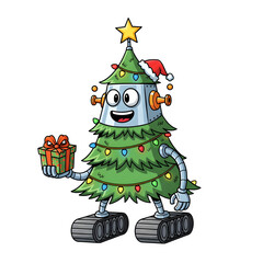 Funny Cartoon Robot Shaped like Christmas Tree, White Background