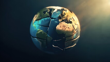 A fractured Earth globe, fragmented continents, against a dark background, sunlit cracks