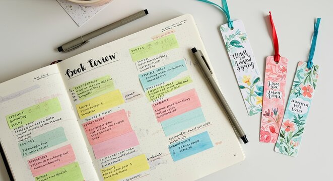 Flat lay of a book review journal with colorful sticky notes and watercolor bookmarks.
