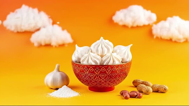 A bowl of white meringue cookies sits on a vibrant orange background with peanuts, a garlic bulb, and a pile of sugar, resembling clouds