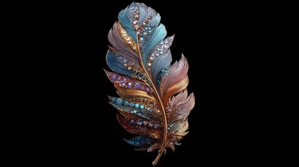 A meticulously detailed, ornate feather, rendered in iridescent blues, golds, and browns, is adorned with numerous sparkling gemstones, set against a stark decorative piece