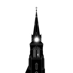 Gothic church steeple silhouette with glowing window isolated on white background