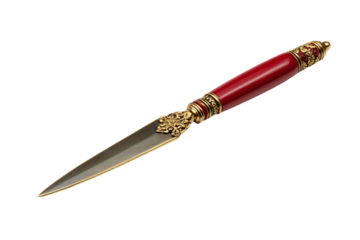 a knife with a red handle on a white surface