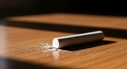 Chalk Dust A Close-Up of a Broken Piece of Chalk on a Wooden Surface