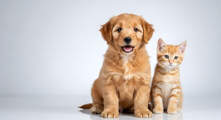 Fototapeta premium Sweet puppy and striped kitten posing happily as friends.
