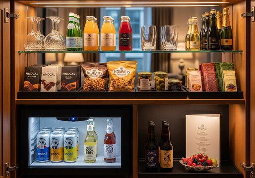 Fully Stocked Hotel Minibar with Snacks, Drinks, and Menu