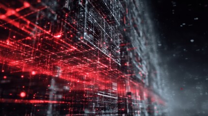 Vast Digital Supercomputer Core Illuminated by Glowing Red Data Streams.