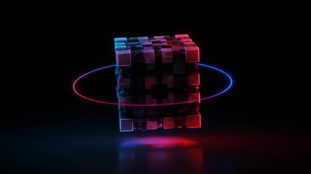 Abstract neon cube 3 d rendering