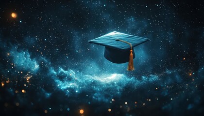 Glowing Graduation Cap Floating in Starry Cosmic Nebula Background - Education, Future, Su