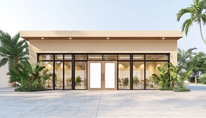 Modern Storefront with Blank Signs, Glass Windows, Tropical Landscaping, Mockup