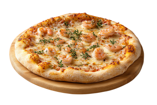 Delicious shrimp pizza on a wooden board, featuring melted cheese and fresh herbs.