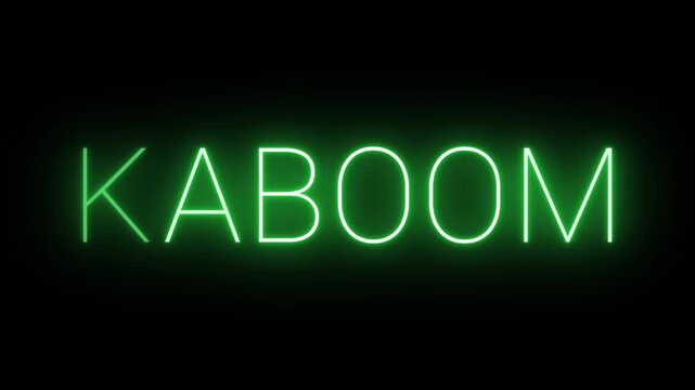 Flickering neon green kaboom sign animated on black background.
