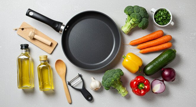 Fresh Vegetables and Frying Pan for Healthy Cooking Preparation