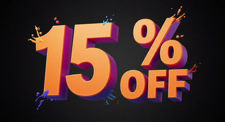 3d rendering of 15 percent off in orange color with paint splashes