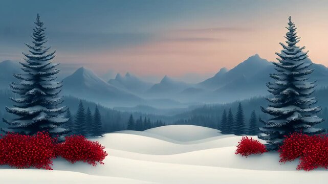 Serene Animated Winter Landscape with Majestic Snowy Mountains and Vibrant Red Berries