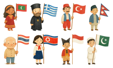 Diverse children holding national flags.