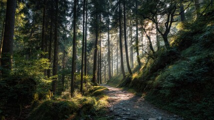 Obraz premium Sunlit Path Through a Forest of Tall Trees.