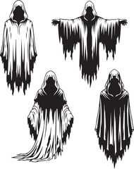 Mystery Silhouette: A collection of hooded figures, draped in flowing robes, emanates an aura of eerie mystery in this stark monochrome illustration.