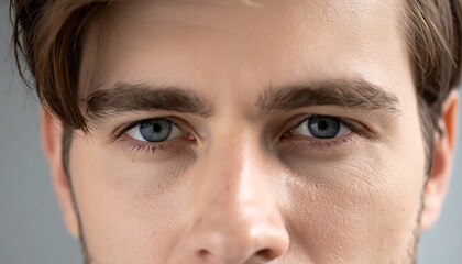 Close-up headshot of a fair-skinned man with intense blue eyes, dark eyebrows, and brown hair against a gray backdrop. The gaze is direct and compelling