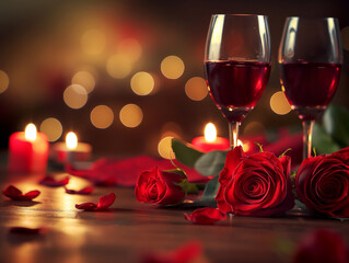 Romantic Candlelight Dinner - A beautifully decorated table for two with red roses, wine glasses, and candlelight glow.