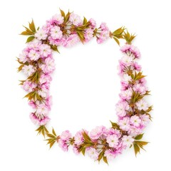 A circular frame made of delicate pink cherry blossom flowers and green leaves, isolated on white background