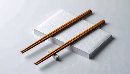 A pair of elegant wooden chopsticks resting on a small ceramic holder, set against a textured white paper block on a light background.