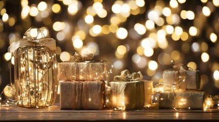 cheer. Festive holiday setup featuring sparkling lights and wrapped gifts on a wooden table, radiating warmth. public awareness campaigns.
