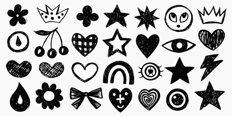 Collection of hand drawn black doodle icons featuring hearts stars flowers crowns rainbows and more on a white background