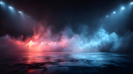 Fototapeta premium Bright stadium arena lights, Smoke bombs, empty dark scene, neon light, spotlights The concrete floor and studio room with smoke float up the interior texture, night view for display products