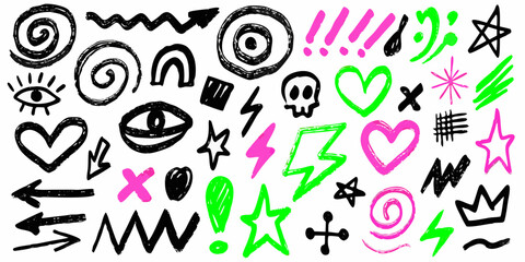 Collection of hand drawn doodle icons including hearts stars skulls and lightning bolts in pink green and black