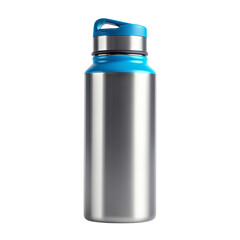 Modern metallic stainless steel water bottle with a bright blue cap and loop isolated on transparent background