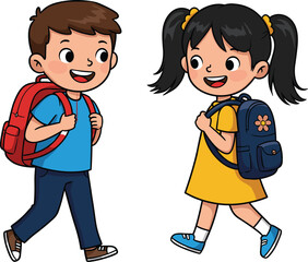 Happy school children walking together with backpacks, cartoon illustration for education, childhood, friendship, learning, and back to school themes.