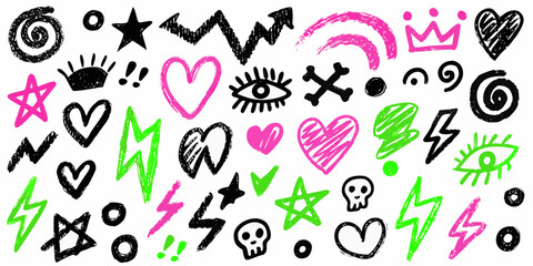 Collection of hand drawn graphic elements including hearts stars lightning bolts eyes skulls and crowns in black pink and green