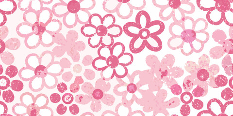 A charming and whimsical pattern of pink and white abstract flowers with a textured grunge effect