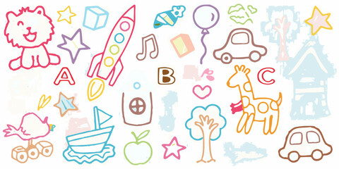 Collection of hand drawn colorful children s drawings of animals vehicles and objects on a white background