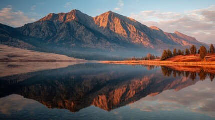 Fototapeta premium Sunrise Over Calm Lake with Mountain Reflection.