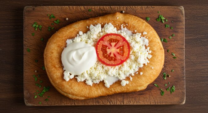 Golden Langos with Toppings: Cottage Cheese, Tomato, Sour Cream, Herbs.
