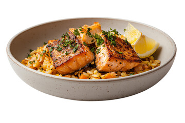 Fototapeta premium Deliciously grilled salmon fillets served on a plate with fragrant rice and lemon wedges, perfect for any meal.