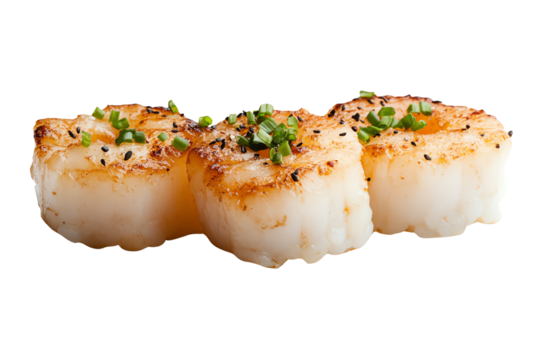Deliciously seared scallops on a white background, garnished with fresh herbs, ready to delight your taste buds.