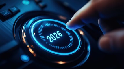 Closeup of a finger pressing a futuristic button displaying the year 2026, symbolizing innovation, technology, and the anticipation of the future