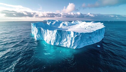 Aerial View of Iceberg Floating in Deep Blue Ocean Under Cloudy Sky Panoramic Landscape