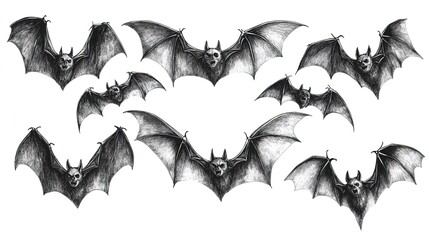 Naklejka premium Set of Spooky Flying Bats with Open Wings and Skull - Like Faces for Halloween and Horror Design Projects