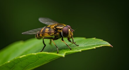 Hoverfly on leaf closeup