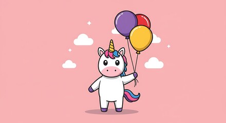 Obraz premium Adorable Cartoon Unicorn Holding Colorful Balloons Against Pink Sky with Clouds.