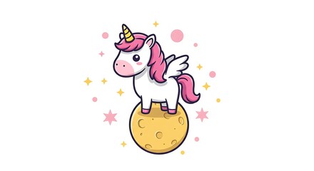 Fototapeta premium Adorable Cartoon Unicorn Standing on Moon, Surrounded by Stars, Whimsical Illustration.