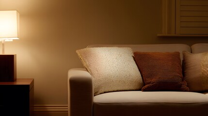 Fototapeta premium pillows. A contemporary sofa with textured pillows in a minimalist living space, creating a cozy and inviting atmosphere. lifestyle magazines.