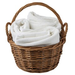Woven basket filled with neatly rolled white towels isolated on white background