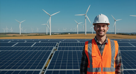 Renewable Energy Engineer at Solar Farm with Wind Turbines — Smiling Worker in Hard Hat and Orange Safety Vest under Blue Sky, Clean Power and Sustainability Concept