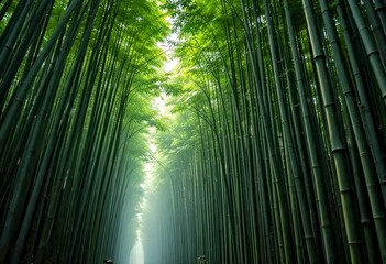 Fototapeta premium Tall bamboo forest with green stalks and glowing sunlight from above